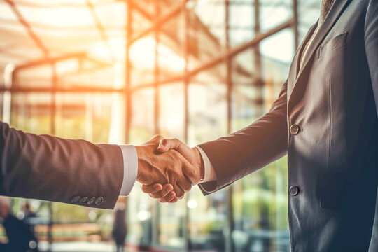 Two businessmen shake hands for teamwork against the backdrop of a bright office space. Successful negotiations of two businessmen shaking hands. Generative AI
