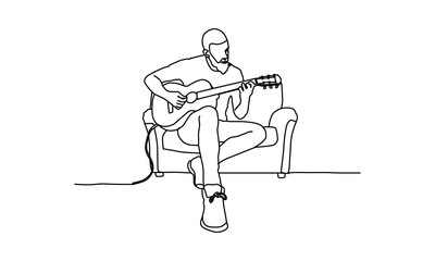 Hand drawn line art drawing of a old man playing guitar illustration