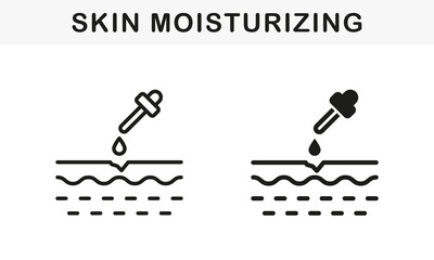 Naklejka premium Skin Moisturizing with Essence Oil Line and Silhouette Icon Set. Spa Aromatherapy Treatment Pictogram. Serum Drop, Liquid on Layers Skin Structure Symbol Collection. Isolated Vector Illustration
