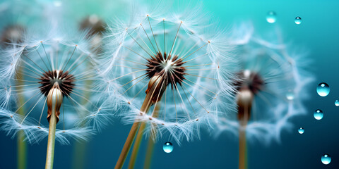 Dandelion Droplets: Water on a Blue and Turquoise Background Dandelion with Droplets: Beautiful Background in Blue and Turquoise Ai Generated 