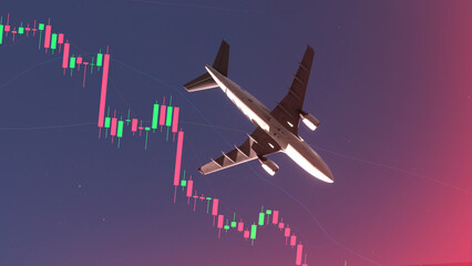 Illustration with a graph financial stocks in bear market down trend of aviation, airlines, aircraft industrial.