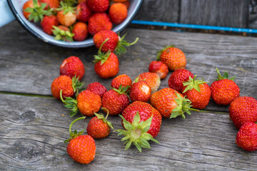 a cup with red strawberries, scattered berries on a wooden background