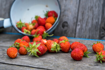a cup with red strawberries, scattered berries on a wooden background