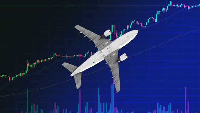 Illustration with a graph financial stocks in bullish market trend of aviation, airlines, planes.