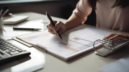 Event planner timetable agenda plan on year 2023 schedule event. Business woman checking planner on mobile phone, taking note on calendar desk on office table. Calendar event plan, Generative Ai