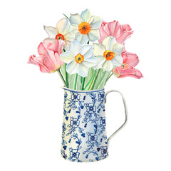 Delicate spring watercolor bouquet in white ornamental vintage vase. Light pink tulips, white daffodils for greeting card, postcard.