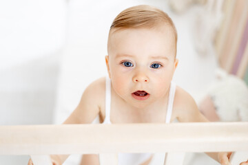 close-up portrait of a little baby girl in a crib, a cunning look of a baby at home in a nursery in...