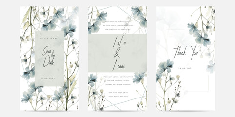 Corner of blue bell flower arrangement on wedding invitation background.