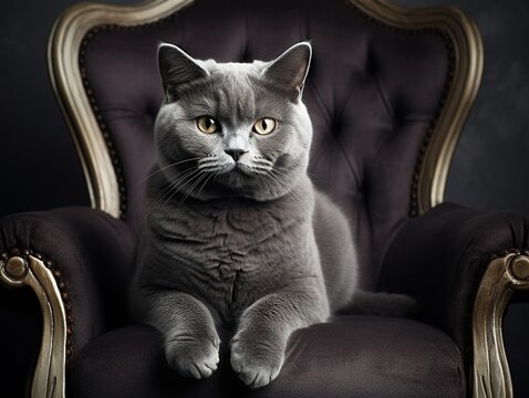 Black and white photo of a British Shorthair Cat sitting on a chair(Generative AI)