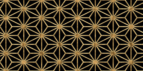 Seamless luxury golden Art Deco Japanese asanoha hemp leaf pattern. Vintage abstract geometric oriental origami star lines gold plated relief sculpture wallpaper background texture. 3D rendering.