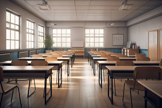 A Serene Classroom Setting: An Empty Room with Desks and Chairs