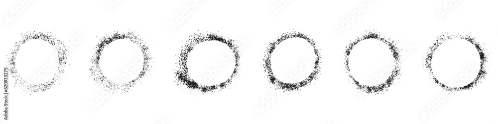 Poster circle frame with rough texture set. abstract circular grungy border. spray splatter collection. noi