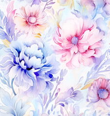 Fototapeta premium Watercolor seamless pattern watercolor floral border, in the style of pastel on white background.