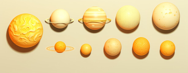 Naklejka na ściany i meble various solar system icons sun and moon, in the style of light yellow and dark beige, ambient occlusion, vibrant cartoonish.