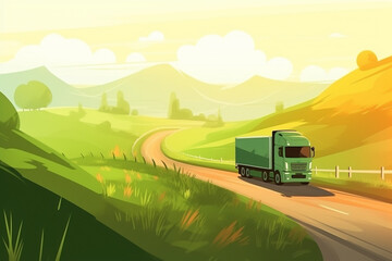 Obraz premium Visualization of a truck on the road in a beautiful landscape during a sunny morning created with Generative AI technology