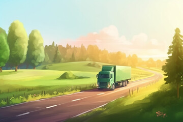 Visualization of a truck on the road in a beautiful greenland during a sunny morning created with Generative AI technology - obrazy, fototapety, plakaty