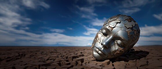 Art sculpture of a fictional human female head made from metallic silver steel lying on a deserted coastal sand beach near ocean waves in background - generative AI