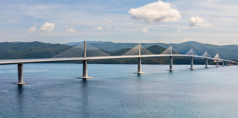 Peljesac, Croatia. 06-04-2023. Panoramic view of Peljesac bridge in Croatia.