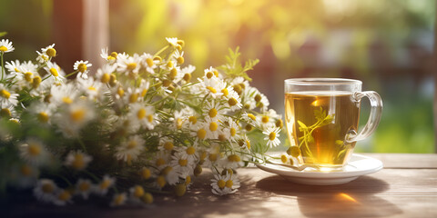 Herbal tea with fresh chamomile flowers on old wooden background, Still life with a cup of tea with a bouquet of daisies on the table, generative Ai
 - obrazy, fototapety, plakaty