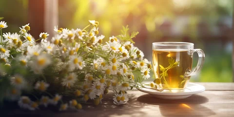 Gordijnen Herbal tea with fresh chamomile flowers on old wooden background, Still life with a cup of tea with a bouquet of daisies on the table, generative Ai  © Mustafa