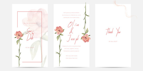 Floral wedding invitation template set with nude poppy flowers.