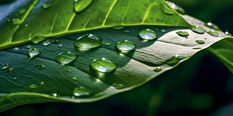 Green leaf with drops of water, water droplets on green leaf, generative AI - Powered by Adobe