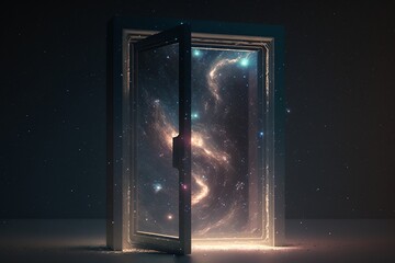 Glass door floating in starry outer space, Generative AI