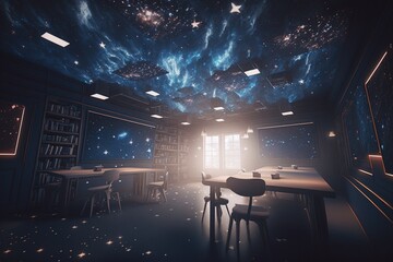 School floating in starry outer space, Generative AI