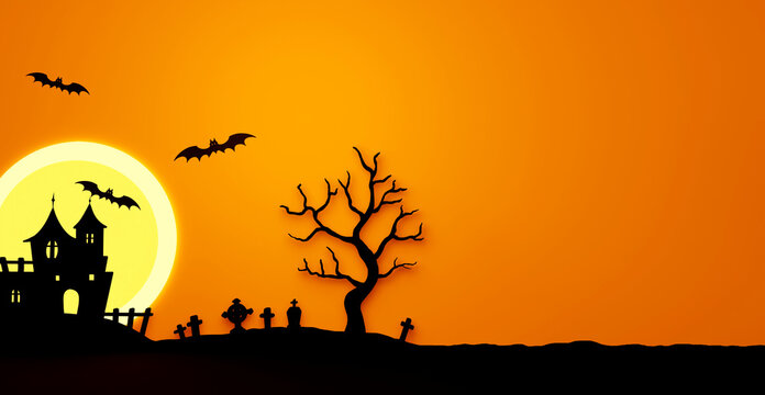 3D rendering graveyard, spooky tree and haunted house with big moon on orange background. Halloween theme.
