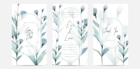 Bridal shower invitation with blue tropical leaves ornament watercolor background. Garden theme wedding invitation card.