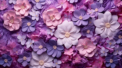 Top view of spring flowers on a background of violet, lilac and purple tones, Generative Ai