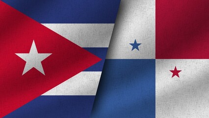 Panama and Cuba Realistic Two Flags Together, 3D Illustration