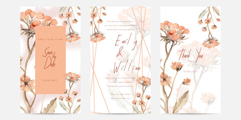 Floral wedding invitation template set with elegant brown leaves. Floral feather nude begonias concept watercolor style