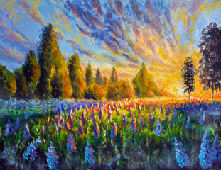 Dawn sunset over flower field glade handpainted oil painting sun rays floral landscape field flowers impressionism nature art illustration