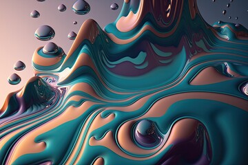 Fluid liquid abstract wavy pattern, drops, sphere, hot metal, AI generated art, blue orange shadowed shape, wall art, backdrop