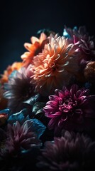vertical image of a bouquet of abstract bright flowers in a dark key. generated ai