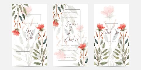 Invitation greeting card with pink lily floral background. Vintage wedding card invitation theme.