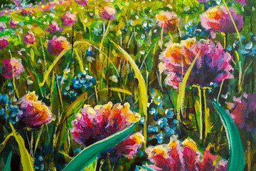 Impressionist painting Beautiful pink flowers close-up in the grass illuminated by warm sunshine. Painting of wildflowers hand painted by artist