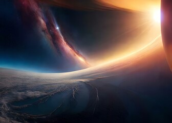 A Spectacular Sunrise in Space, Where Celestial Colors Illuminate the Cosmos, Painting the Galactic Canvas in a Radiant Display