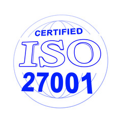 An illustration of ISO 27001 certification, like a stamp, in perspective. White background.