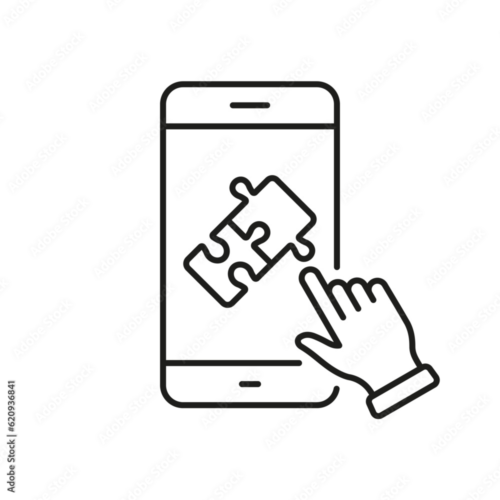 Aufkleber puzzle game in smartphone line icon. online app jigsaw in cellphone linear pictogram. mobile phone w