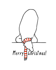 Vector Christmas card with hand drawn cute polar bear bending down in a striped scarf. Beautiful ink drawing, funny illustration.