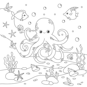Childrens coloring book with octopus, fish, seabed, seaweed. Simple funny kids drawing. Black lines, sketch on a white background. Vector stock illustration. life. Animals outline. Doodle style.
