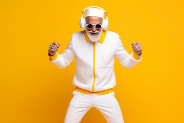 Funky crazy Santa Claus dj headset sing song sound melody listen music on yellow background. AI Generated - obrazy, fototapety, plakaty