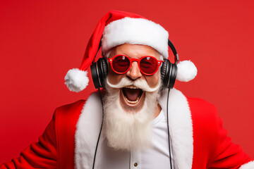 Funky crazy Santa Claus dj headset sing song sound melody listen music on red background. AI Generated