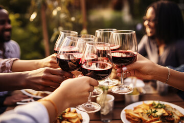 Group of young people hands toasting red wine at rooftop party. AI Generated