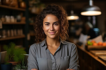 Happy female store owner at cafe or grocery with arms crossed. AI Generated