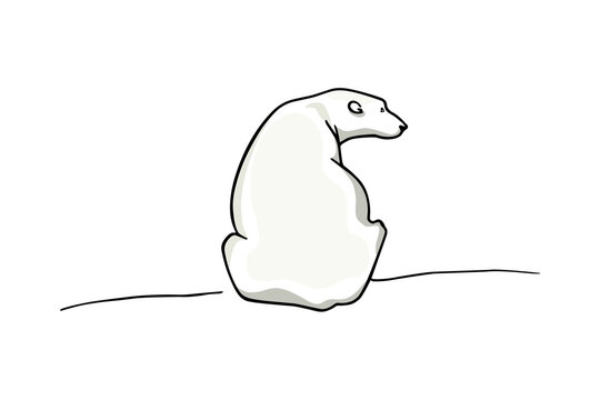 Vector card with hand drawn cute polar bear sitting alone in a vast arctic plain. Beautiful ink drawing, animal, wildlife, arctic illustration