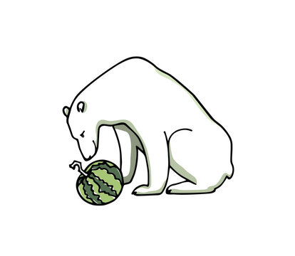 Vector card with hand drawn cute polar bear looking at ripe watermelon. Beautiful ink drawing, climate change illustration