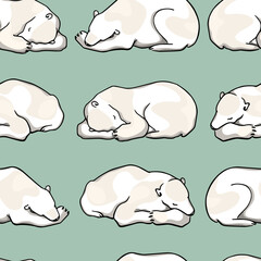 Vector seamless pattern with hand drawn cute sleeping polar bears. Beautiful ink drawing, animal design elements. Perfect for prints and patterns